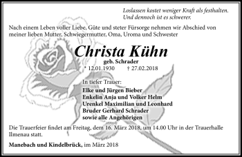 Traueranzeige von Christa Kühn von Südthüringer Presse