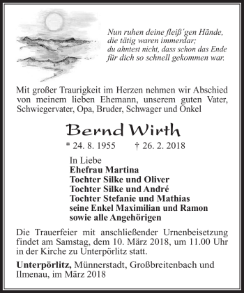 Traueranzeige von Bernd Wirth von Südthüringer Presse