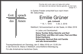 Traueranzeige von Emilie Grüner von Frankenpost