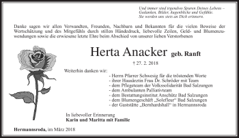Traueranzeige von Herta Anacker von Südthüringer Presse