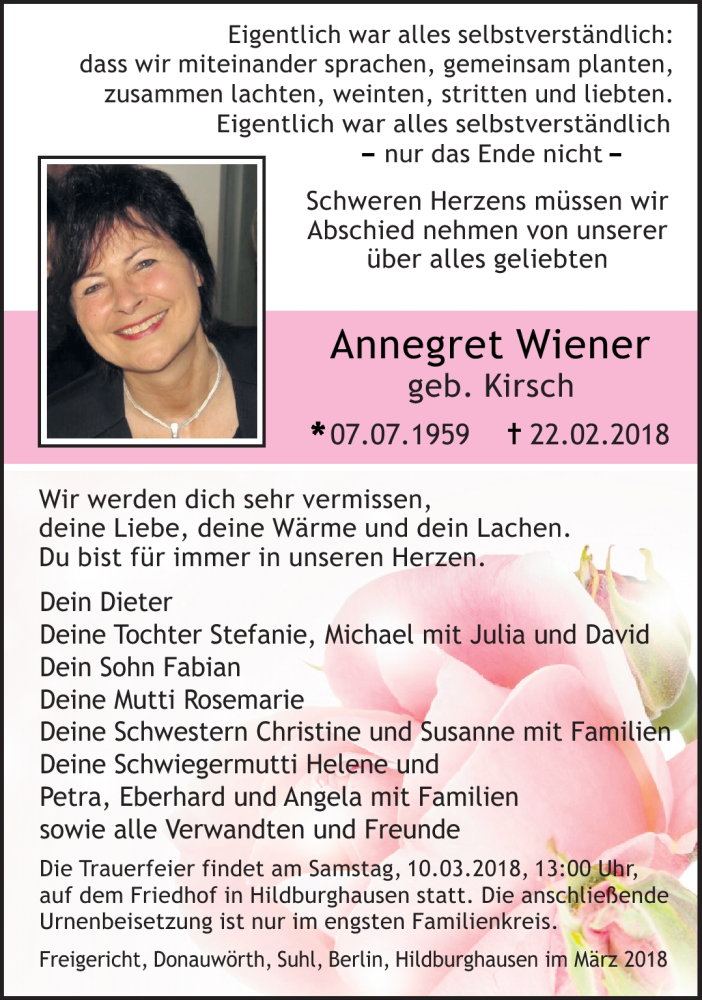  Traueranzeige für Annegret Wiener vom 06.03.2018 aus Südthüringer Presse