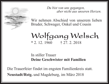 Traueranzeige von Wolfgang Welsch von Südthüringer Presse
