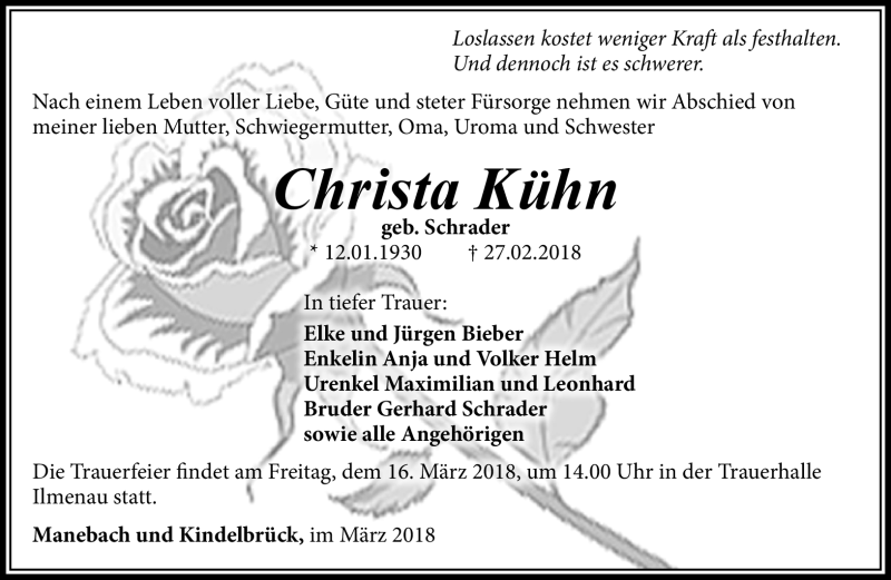  Traueranzeige für Christa Kühn vom 10.03.2018 aus Südthüringer Presse