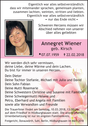 Traueranzeige von Annegret Wiener von Südthüringer Presse