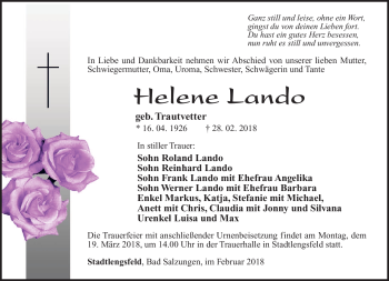 Traueranzeige von Helene Lando von Südthüringer Presse