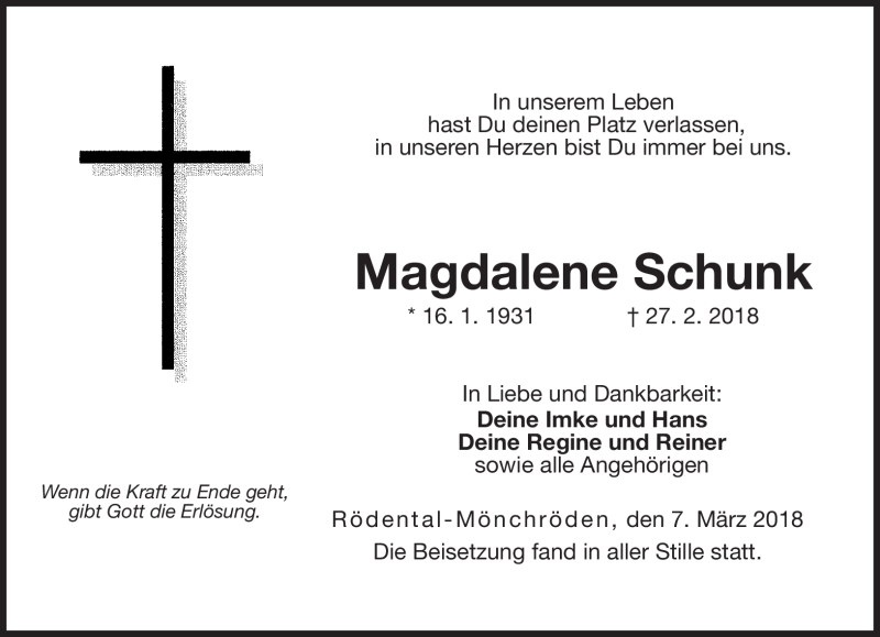  Traueranzeige für Magdalene Schunk vom 07.03.2018 aus Neue Presse Coburg