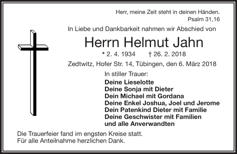  Traueranzeige für Helmut Jahn vom 06.03.2018 aus Frankenpost