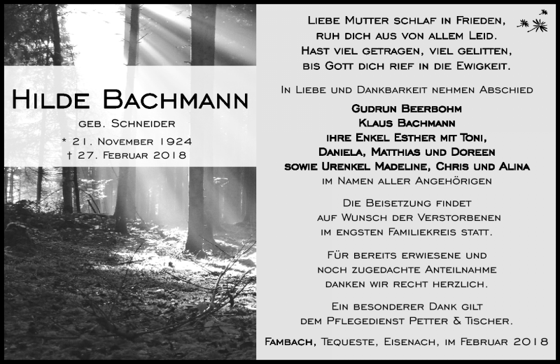  Traueranzeige für Hilde Bachmann vom 03.03.2018 aus Südthüringer Presse