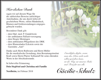 Traueranzeige von Cäcilie Schulz von Südthüringer Presse