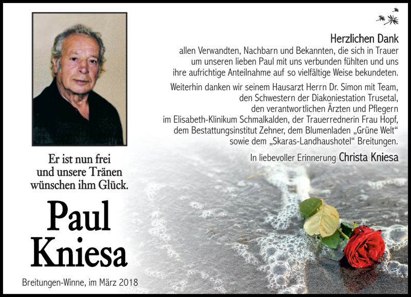  Traueranzeige für Paul Kniesa vom 24.03.2018 aus Südthüringer Presse