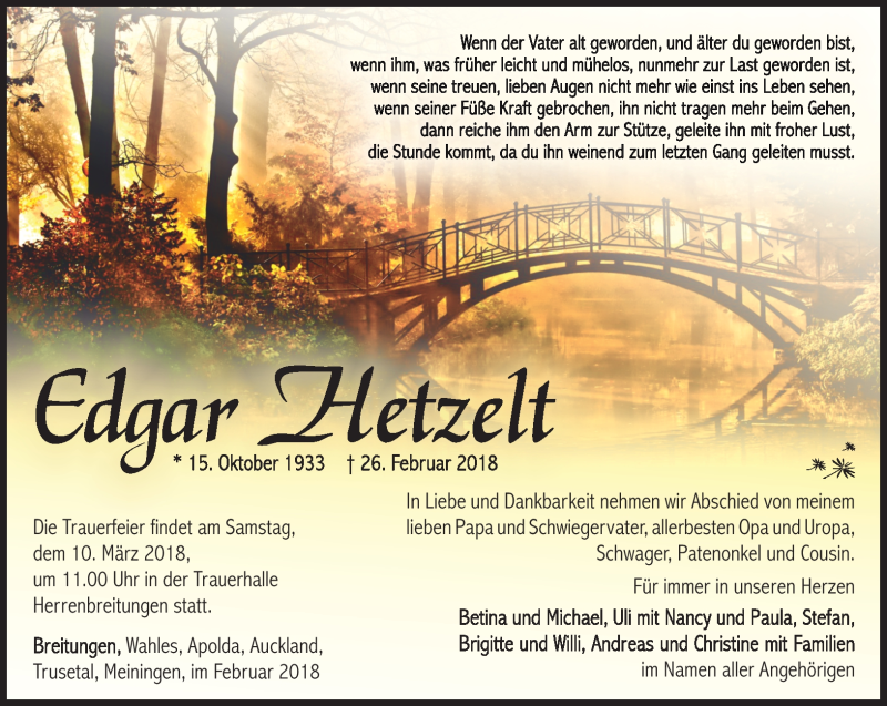  Traueranzeige für Edgar Hetzelt vom 03.03.2018 aus Südthüringer Presse