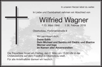 Traueranzeige von Wilfried Wagner von Frankenpost