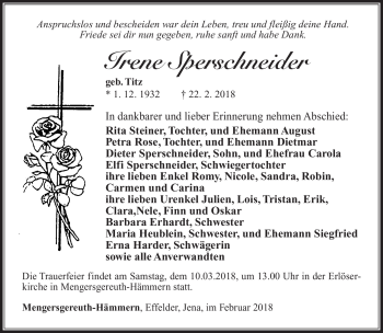 Traueranzeige von Irene Sperschneider von Südthüringer Presse