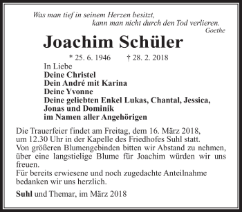Traueranzeige von Joachim Schüler von Südthüringer Presse