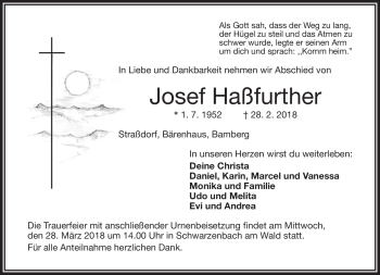 Traueranzeige von Josef Haßfurther von Frankenpost
