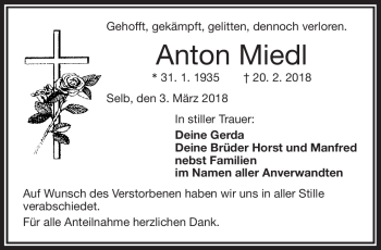 Traueranzeige von Anton Miedl von Frankenpost