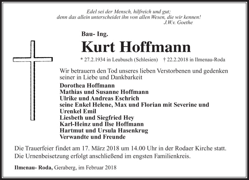  Traueranzeige für Kurt Hoffmann vom 03.03.2018 aus Südthüringer Presse