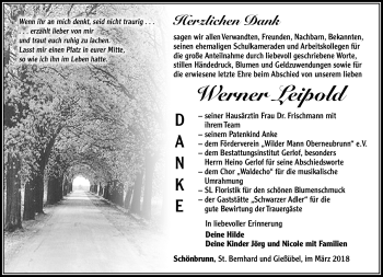 Traueranzeige von Werner Leipold von Südthüringer Presse