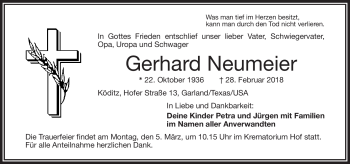 Traueranzeige von Gerhard Neumeier von Frankenpost