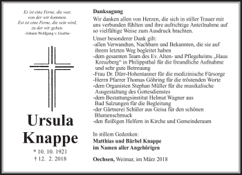 Traueranzeige von Ursula Knappe von Südthüringer Presse