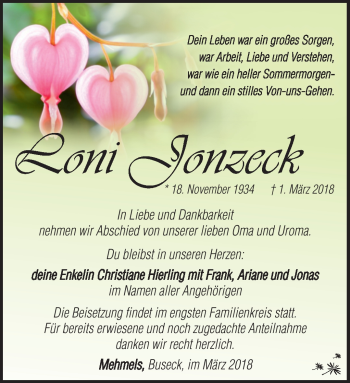 Traueranzeige von Loni Jonzeck von Südthüringer Presse