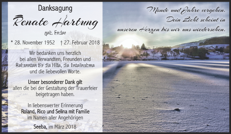  Traueranzeige für Renate Hartung vom 31.03.2018 aus Südthüringer Presse