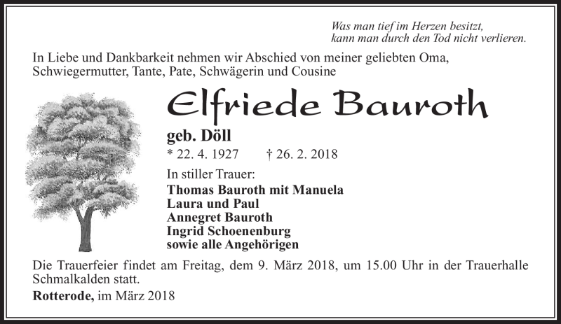 Traueranzeige für Elfriede Bauroth vom 03.03.2018 aus Südthüringer Presse