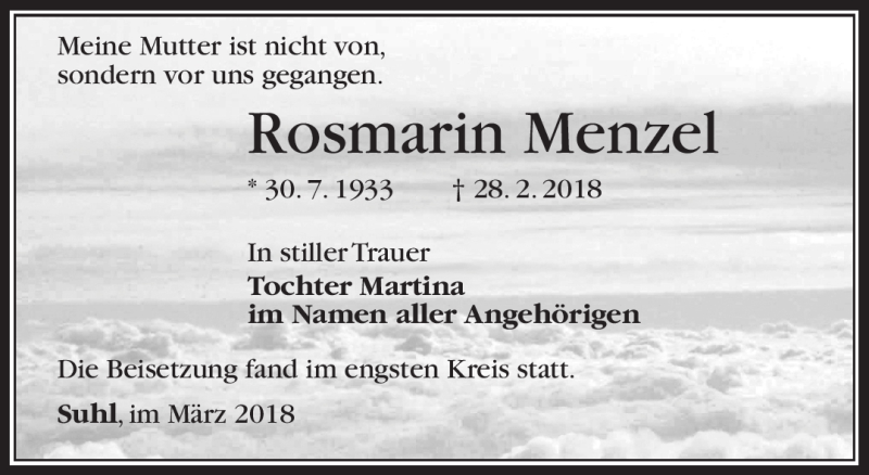  Traueranzeige für Rosmarin Menzel vom 31.03.2018 aus Südthüringer Presse