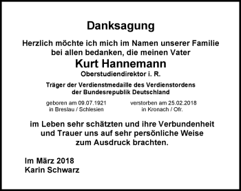 Traueranzeige von Kurt Hanneman von Neue Presse Coburg