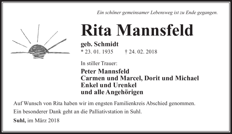  Traueranzeige für Rita Mannsfeld vom 10.03.2018 aus Südthüringer Presse
