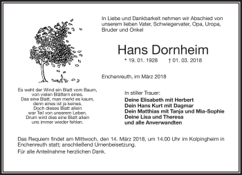 Traueranzeige von Hans Dornheim von Frankenpost