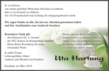 Traueranzeige von Uta Hartung von Südthüringer Presse