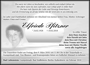 Traueranzeige von Elfriede Pfitzner von Südthüringer Presse