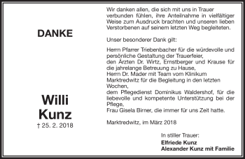 Traueranzeige von Willi Kunz von Frankenpost