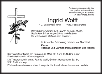 Traueranzeige von Ingrid Wolff von Frankenpost