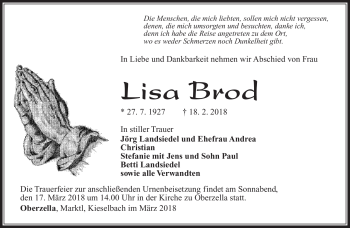 Traueranzeige von Lisa Brod von Südthüringer Presse