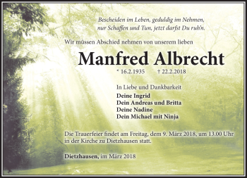 Traueranzeige von Manfred Albrecht von Südthüringer Presse