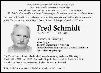 Traueranzeige von Fred Schmidt von Südthüringer Presse