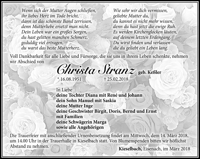  Traueranzeige für Christa Stanz vom 10.03.2018 aus Südthüringer Presse