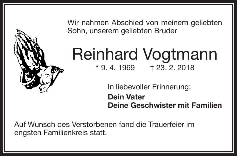  Traueranzeige für Reinhard Vogtmann vom 03.03.2018 aus Frankenpost