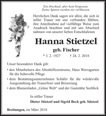 Traueranzeige von Hanna Stietzel von Südthüringer Presse