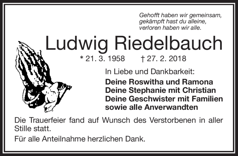  Traueranzeige für Ludwig Riedelbauch vom 06.03.2018 aus Frankenpost