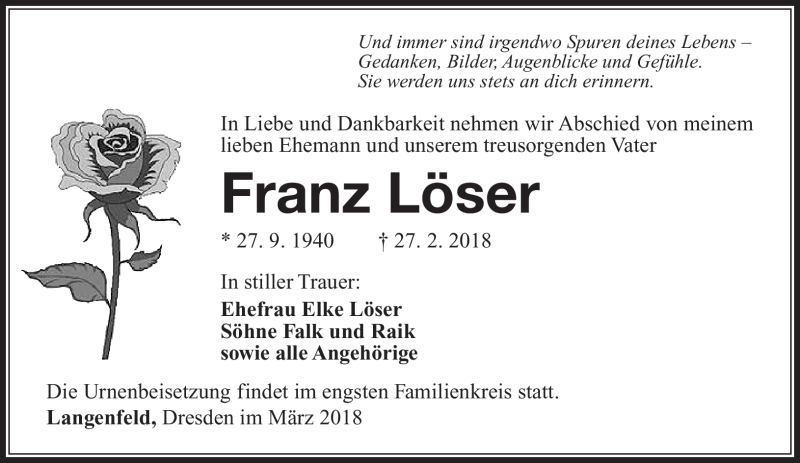  Traueranzeige für Franz Löser vom 03.03.2018 aus Südthüringer Presse