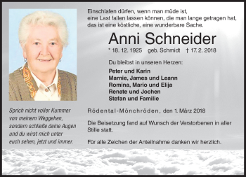 Traueranzeige von Anni Schneider von Neue Presse Coburg