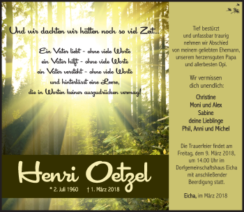 Traueranzeige von Henrei Oetzel von Südthüringer Presse
