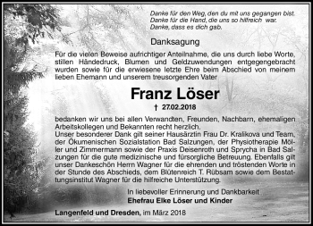 Traueranzeige von Franz Löser von Südthüringer Presse
