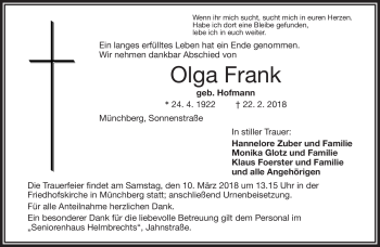 Traueranzeige von Olga Frank von Frankenpost