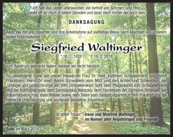 Traueranzeige von Siegfried Waltinger von Südthüringer Presse