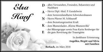 Traueranzeige von Elsa Hanf von Südthüringer Presse