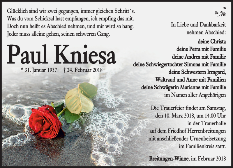  Traueranzeige für Paul Kniesa vom 03.03.2018 aus Südthüringer Presse